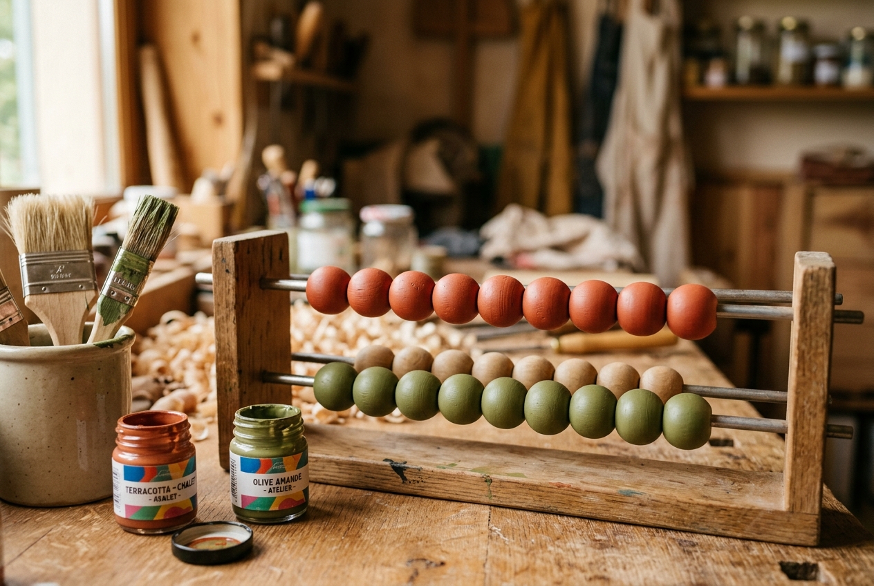 Les boules tournées, peintes en rouge terre cuite et vert olive Les boules tournées, peintes en rouge terre cuite et vert olive