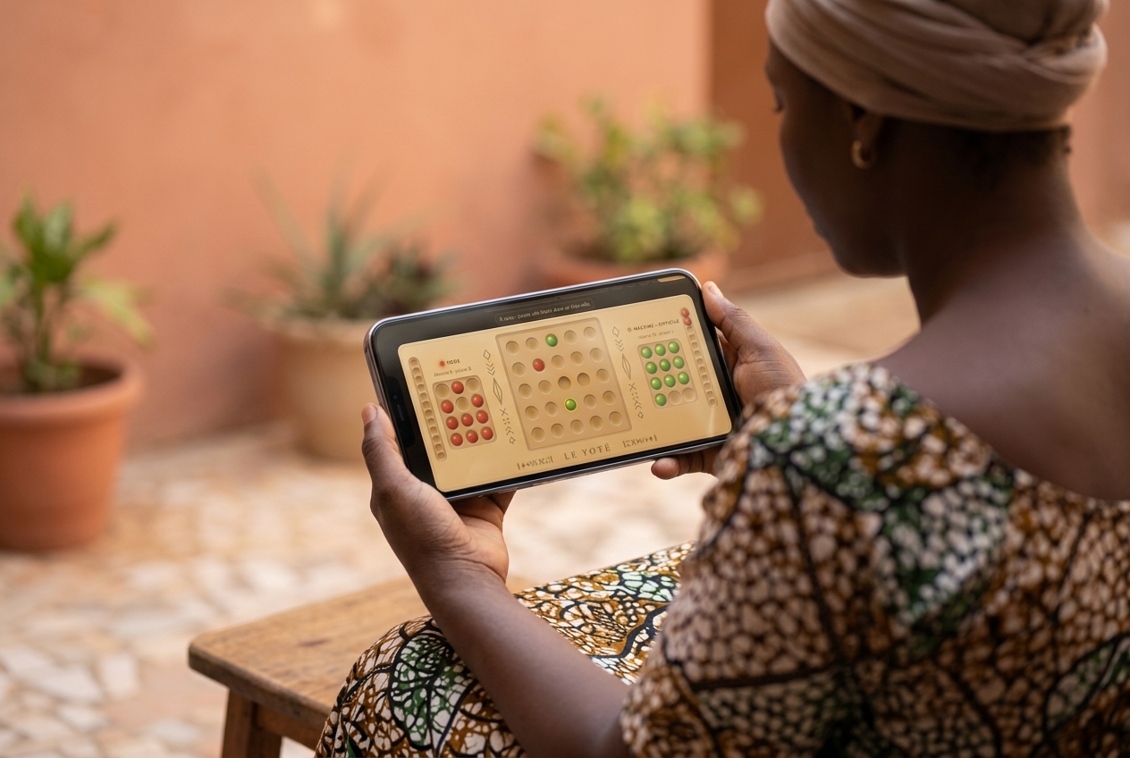 Une femme sénégalaise assise dans une cour, vue de trois quarts, jouant une partie de LE YOTÉ sur son téléphone : le plateau de vingt-cinq trous, les boules rouges et vertes dans leurs réserves et la gravure LE YOTÉ sont visibles à l'écran